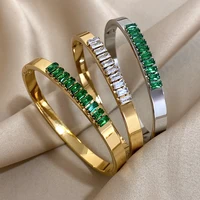 Gorgeous Green Zircon Stainless Steel Bracelet Geometric Thin Bangle for Women Wedding Birthday Party Waterproof Cuff Jewelry 1