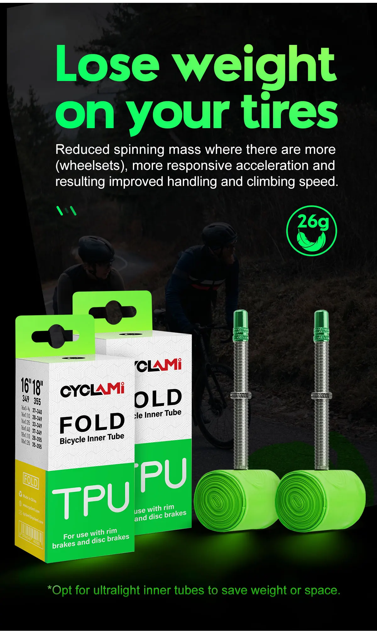 Description Picture 5 of itemCYCLAMI TPU Folding Bike Inner Tube FV 60mm 20" 406 451 16" 349 18" 355 0.9 1/1-8 1-3/8 1.35 1.5 1.4 1-1/4 Bicycle Tire Pneu