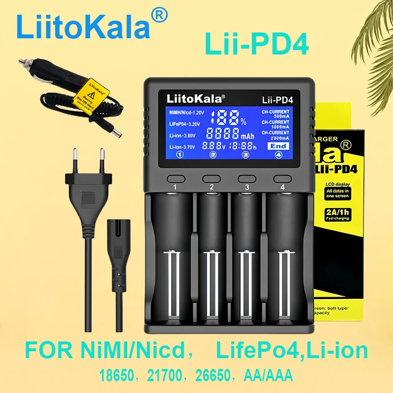 Liitokala 4 슬롯 충전기, Lii-D4XL PD4 D4 M4S, 충전 18650 18350 18500 32700 20700B 10440 26650 1.2V 3.7V 9V AA /AAA Ni-MH