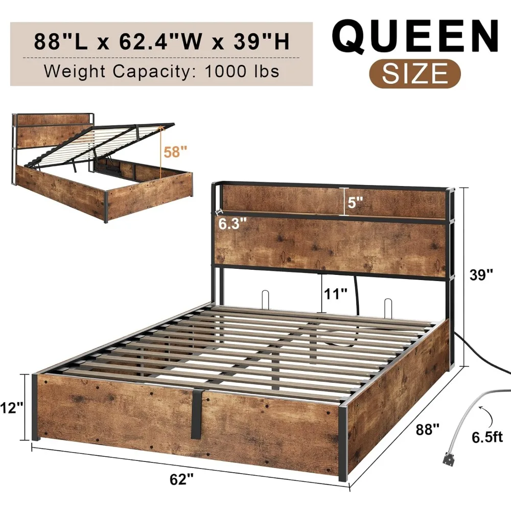 Lifting Storage & Charging Station, No Spring Box Needed/Noise Free, Rustic Brown, Bed Bases & Frames 2