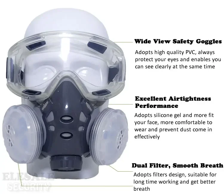 Half Face Dust Mask With Safety Goggles Dual Filters KN95 Filter Dust-proof Respirator For Carpenter Builder Polishing Work Safe