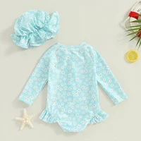 Toddler Girls Rash Guard Swimsuit Rompers Long Sleeve Floral Print Baby Ruffles Bathing Suit Swimwear with Swim Cap Outfit 3