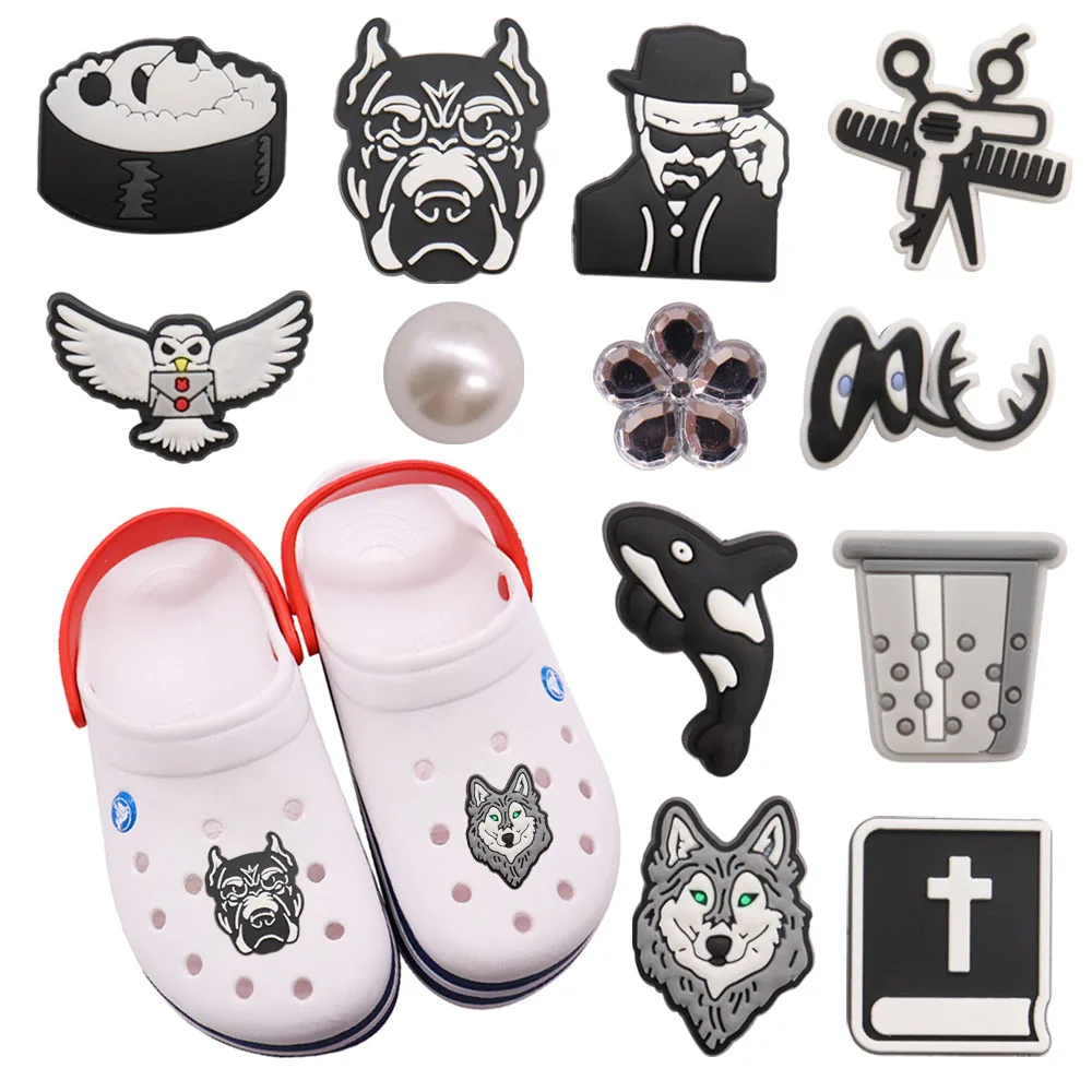 

Mix 50pcs Bible Dog Man Owl Shark Wolf Scissors Sushi Shoe Charms PVC Shoe Decoration Buckle Accessories Clog Fit Croc Jibz