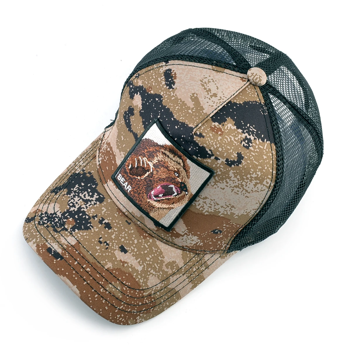 Camouflage Trucker Cap mit Stickerei Löwe Patch Snapback Baseball Cap für Männer Frauen verstellbare Mesh Visier Hut – Detail 9
