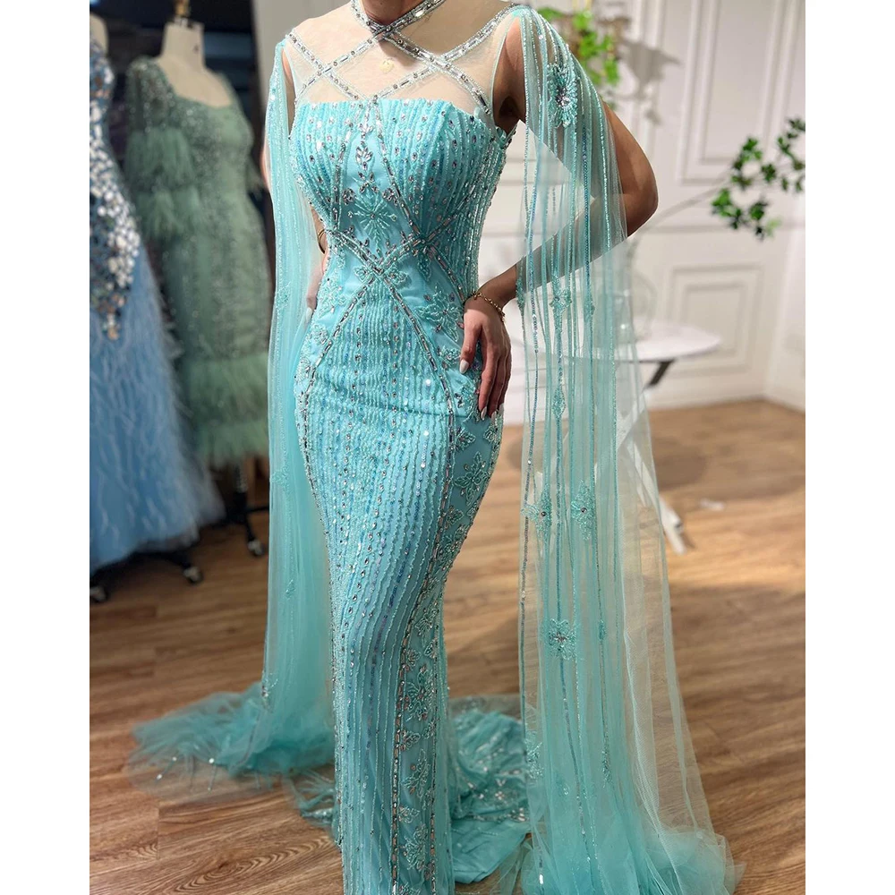 Serene Hill Arabic Luxury   Dubai Mermaid Blue Cape Sleeves Beaded Evening Dresses Gowns  2023 For Women Party LA71905