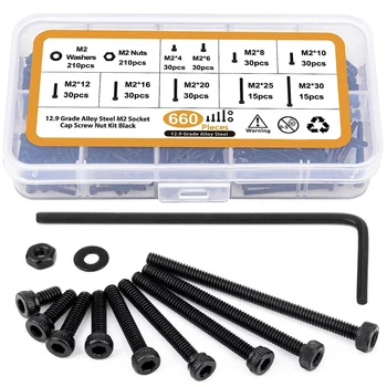 육각 소켓 헤드 볼트 너트 와셔 모음 키트, M2 나사 세트, M2 x 4, 6, 8, 10, 12, 16, 20, 25, 30mm, 12.9 등급 합금강, 660 개