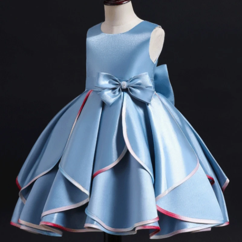 

Simple Sleeveless Solid Color Flower Girl Dress Children Satin Tiered Princess Evening Dresses Beading Bow Formal Ball Gown