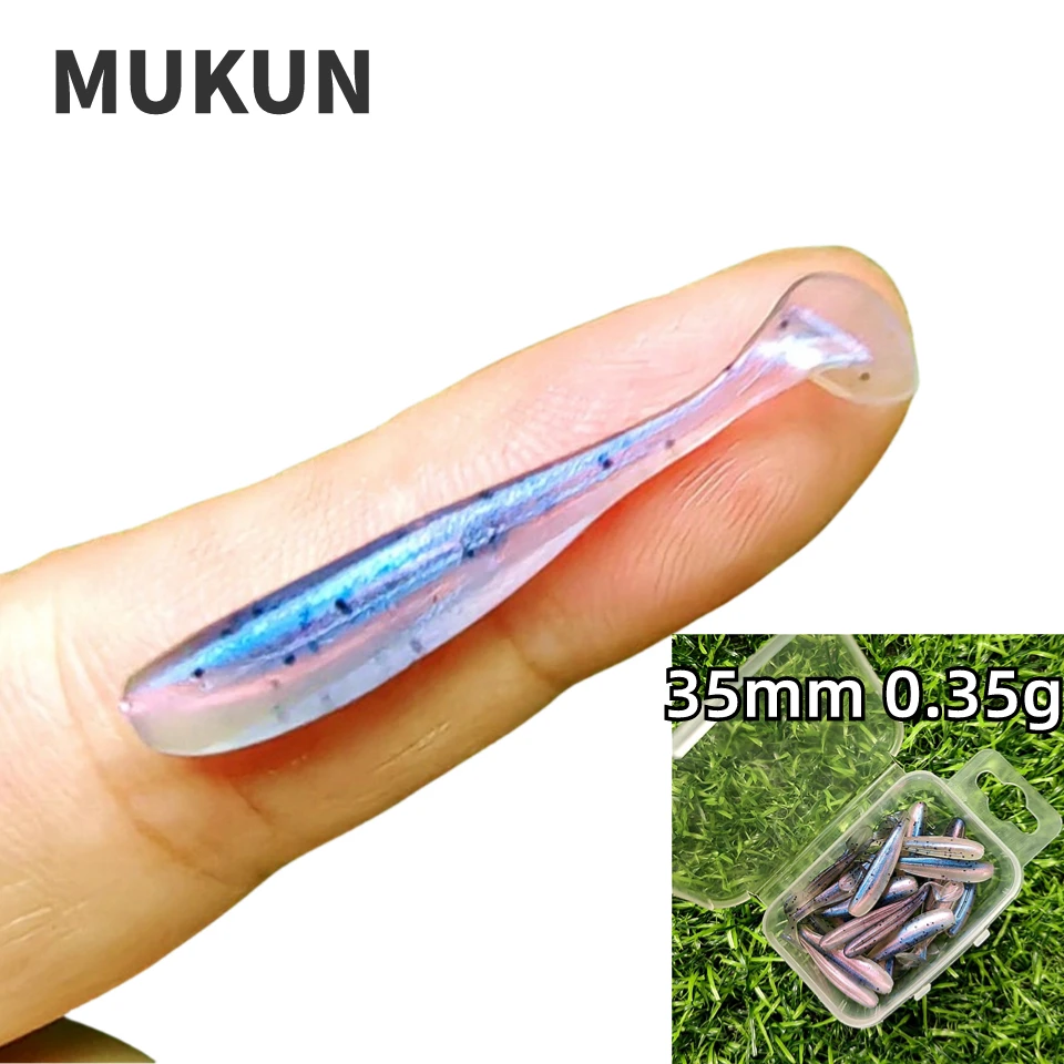 MUKUN 20PCS Micro Weiche Angelköder 0,35g/35mm T-schwanz Wurm Köder Kleine Künstliche Köder Jig Wobbler Bass Hecht Angelgerät