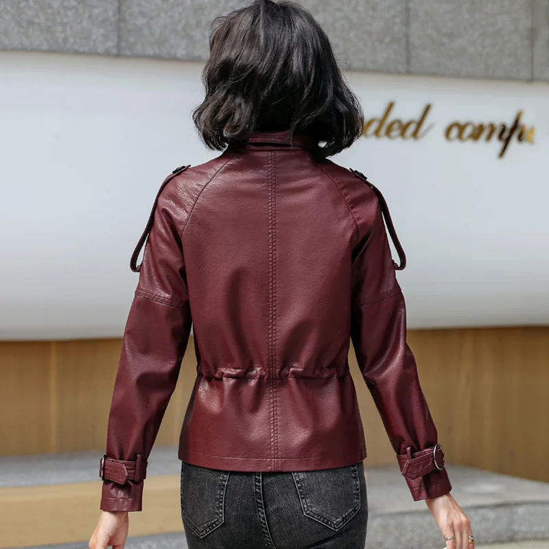 Women Sheep Leather Jacket, Classic Turn Down Collar, Chic Drawstring, Slim Short Sheepskin Coat Streetwear, Spring Autumn 2024