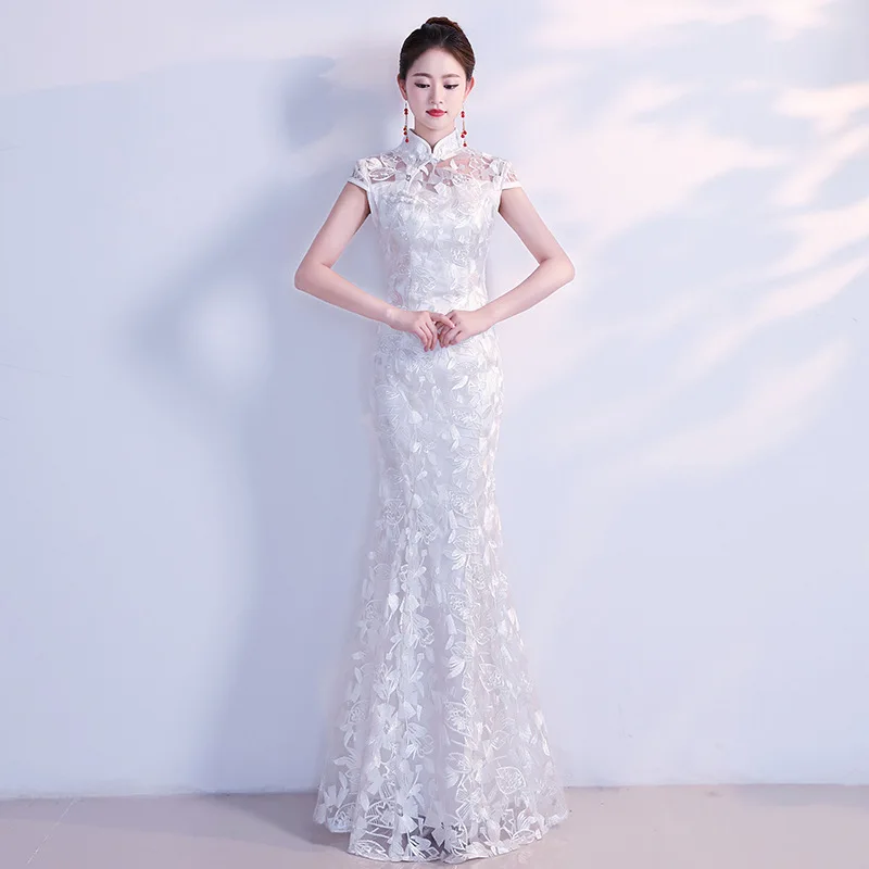 화이트 여성 우아한 만다린 칼라 신부 웨딩 드레스, 섹시 슬림 레이스, 참신한 치파오, 절묘한 인어 트림, 롱 치파오