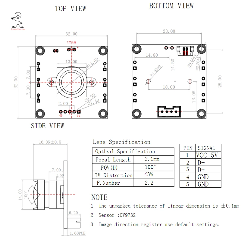 HBV OV9732 100 °   광각 1MP 카메라 모듈(UVC 포함) - 2m 케이블, Win XP/7/8/Vista/안드로이드 4.0/Mac/Linux와 호환 가능