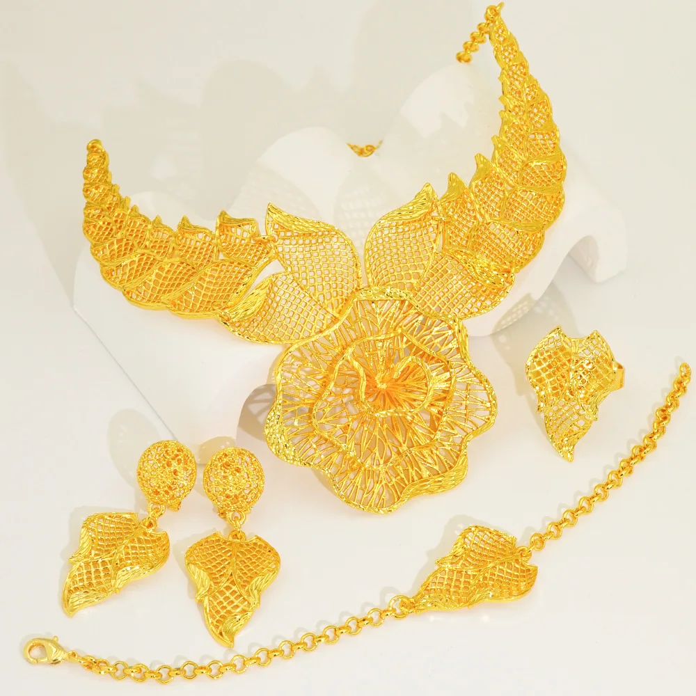 S6ffb4df4f4754245b7893532233e7be34 Women's 24K Gold Flower Grass Hollow Jewelry Set (4pcs), AU999 Floral filigree design with "Lush" engraving and hidden vine motif Mallzona