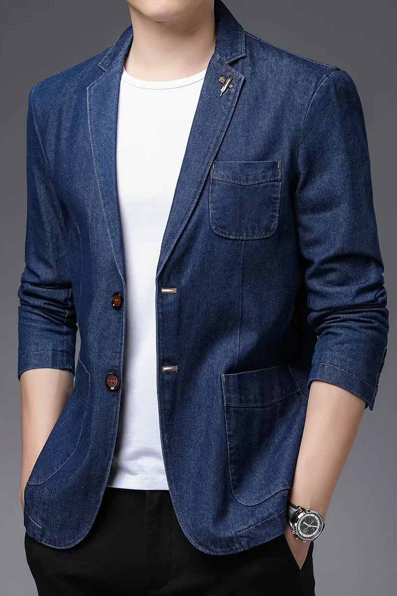 Spring Autumn New Men's High-quality Brand Business Casual Suit Jacket Men Fashion Slim Fit 2 Button Blue Denim Blazer Male