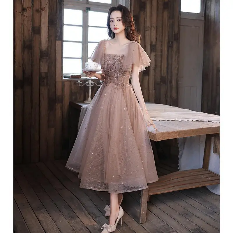 

DSP Elegant Tea Length Prom Dresses with Appliques Women's A Line Tulle Short Sleeves Formal Party Dress for Prom