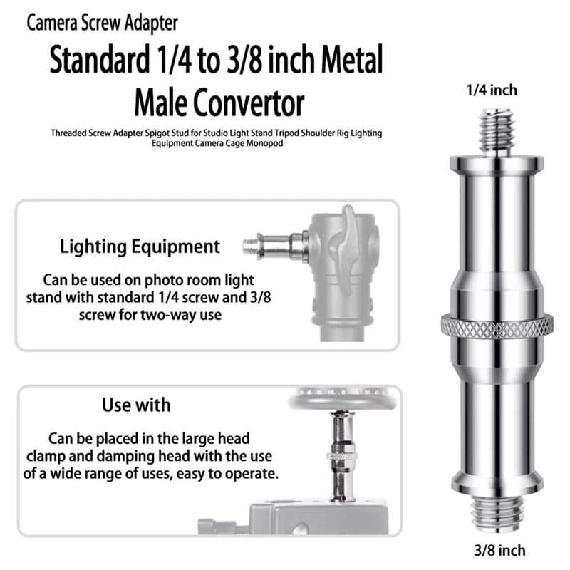 Adaptador de tornillo roscado, convertidor macho de Metal estándar de 5 piezas, 1/4 a 3/8 pulgadas, Perno de espiga, para cámara de soporte de luz de estudio