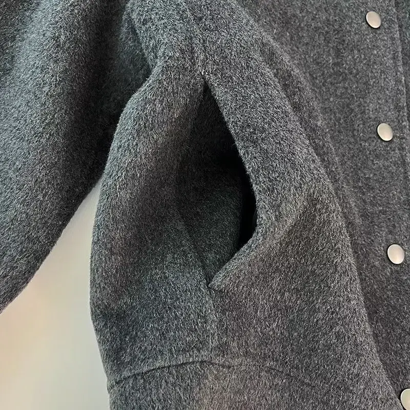 Withered French Fashion Simple Single Breasted Wool Jacket Coat Office Ladies Retro Button Grey Elegant Baseball Jacket Women