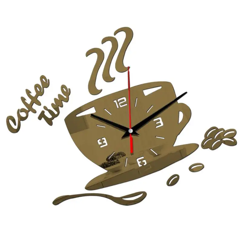3D Mirror Coffee Cup Shaped Wall Clocks Modern Design Creative Wall Clock Sticker For DIY Kitchen Living Room Home Decorations