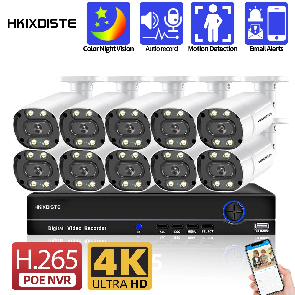 

CCTV Camera Security System Kit POE 4K 8CH NVR Kit Color Night Vision 8MP IP Bullet Camera Video Surveillance System Set 10CH