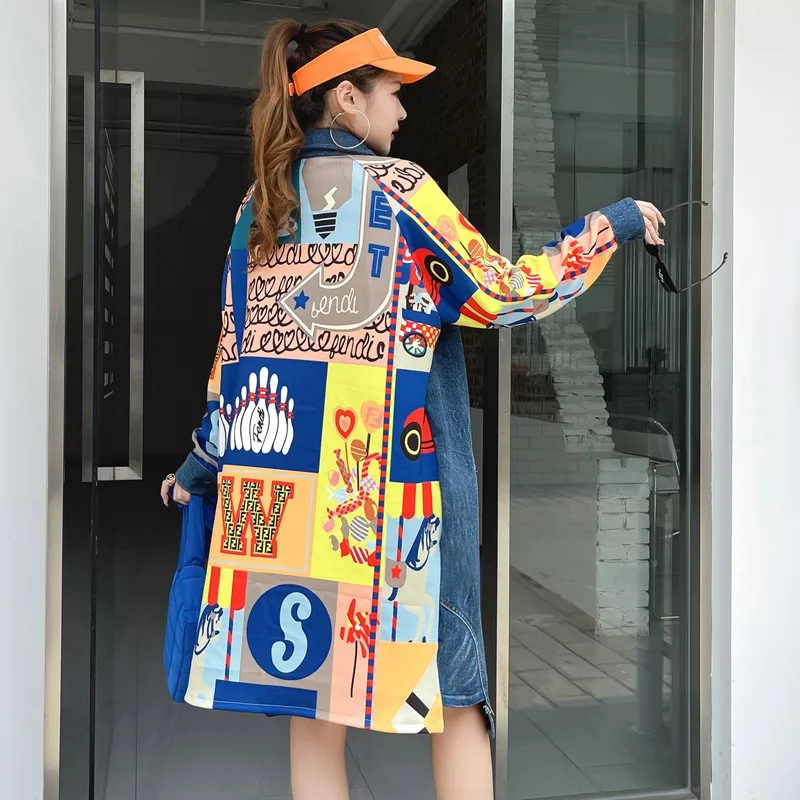 New Printed Stitching Mid-Length Oversized Loose Coat