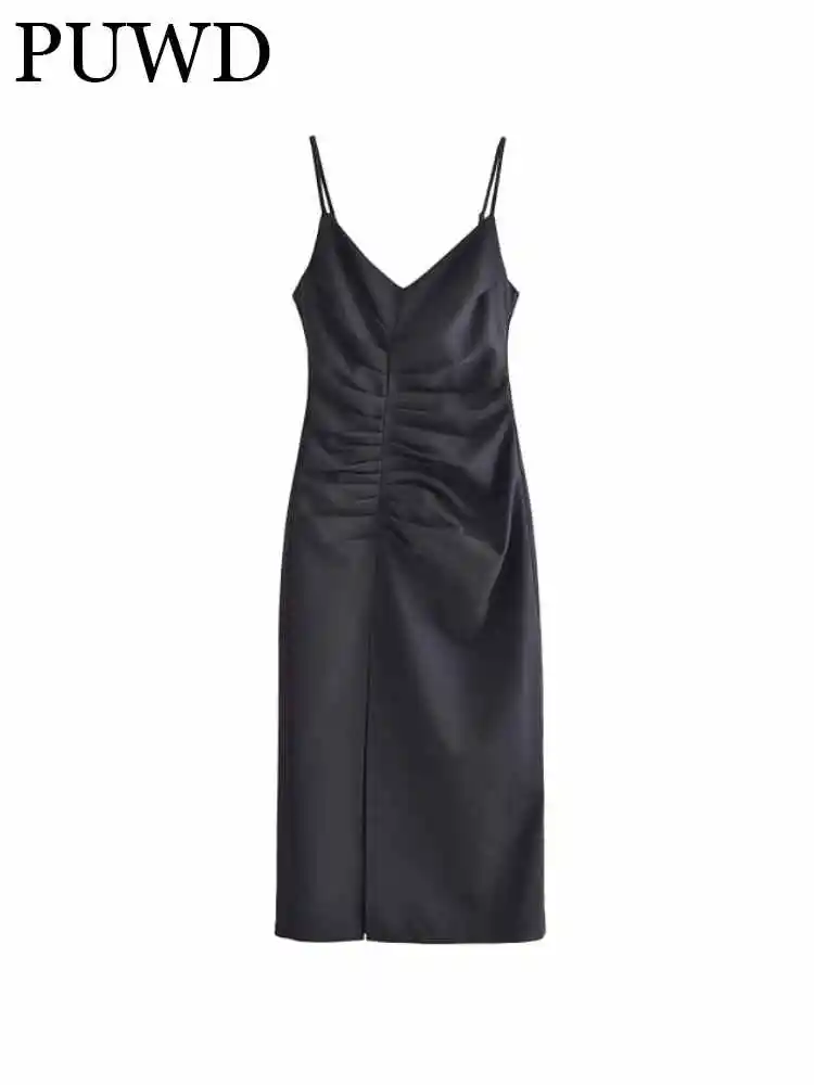 

PUWD Women Fashion Black Folds Satin Textured Sling Dress 2023 Spring Vintage Slit Sleeveless Zipper Female Dress Mujer