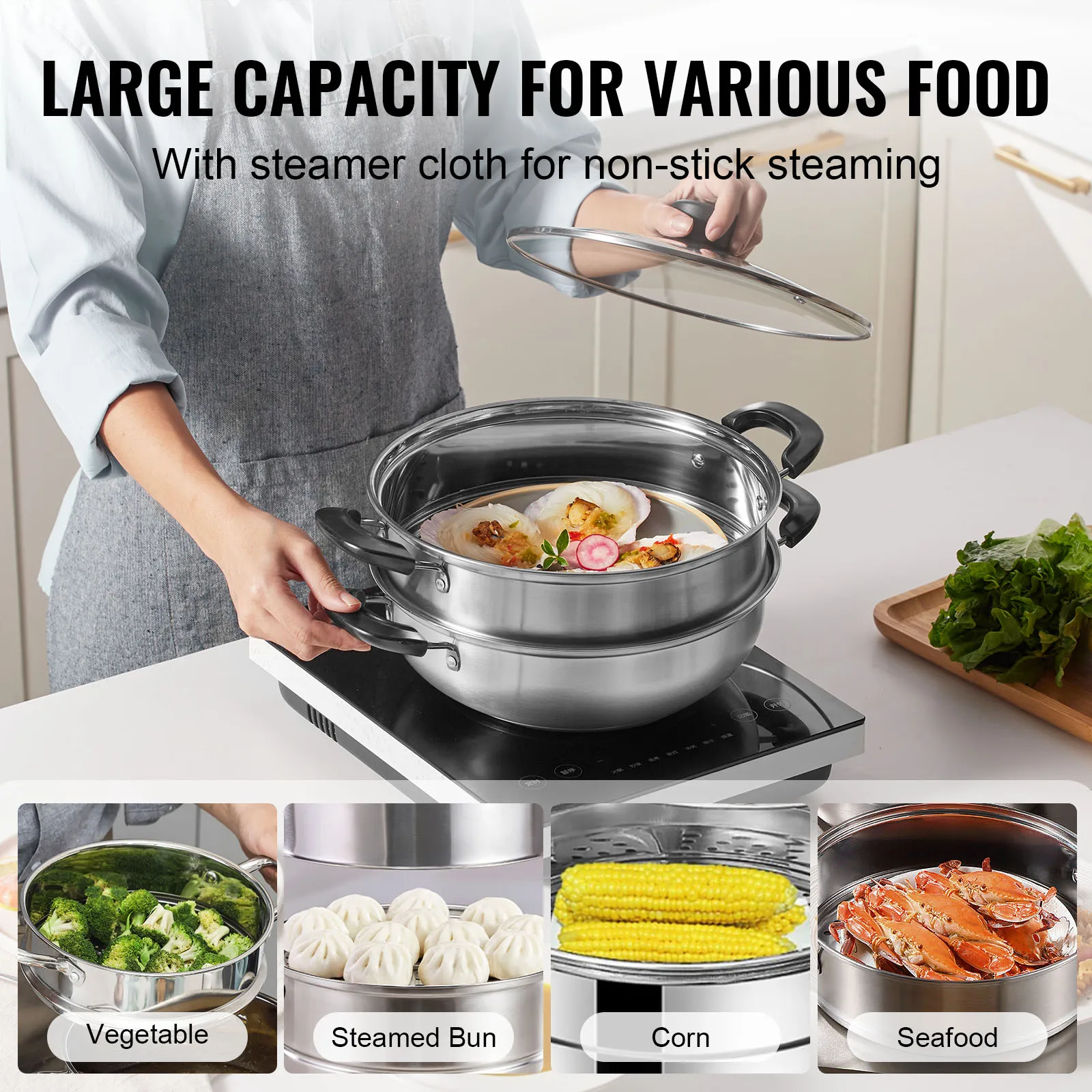 VEVOR Steamer Pot for Cooking Food-Grade 304 Stainless Steel Food Steamer Cookware w/ Lid for Gas Electric Induction Grill Stove