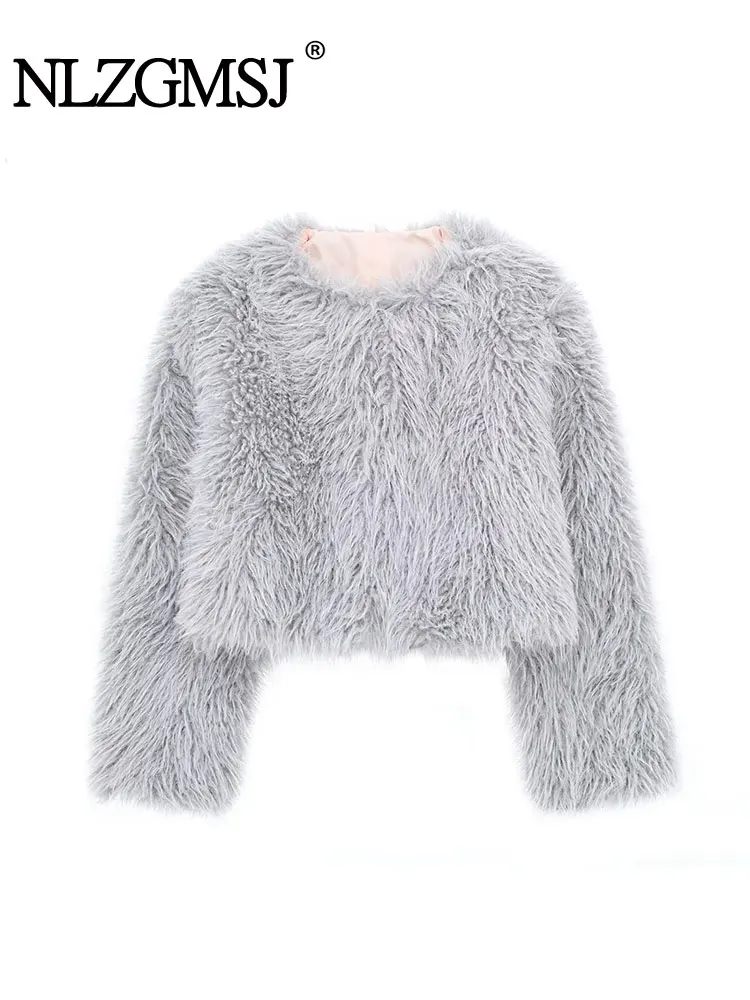 

Nlzgmsj TRAF Woman Fashion New Environmentally Friendly Fur Short Round Neck Warm Jacket Coat Autumn Winter Coat