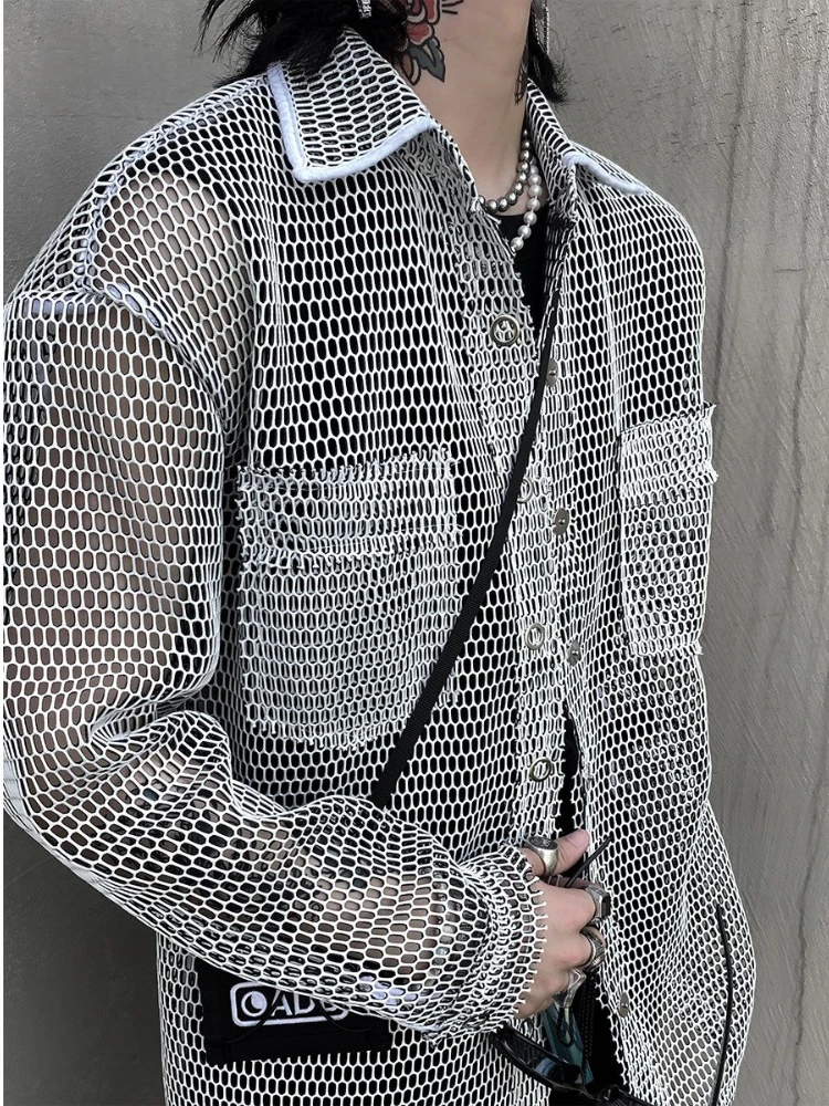 

Men's Harajuku Mesh Top Shirt Men's Casual Loose Oversized All Match Blouse Harajuku Streetwear Vintage Korean Blusas Sunscreen