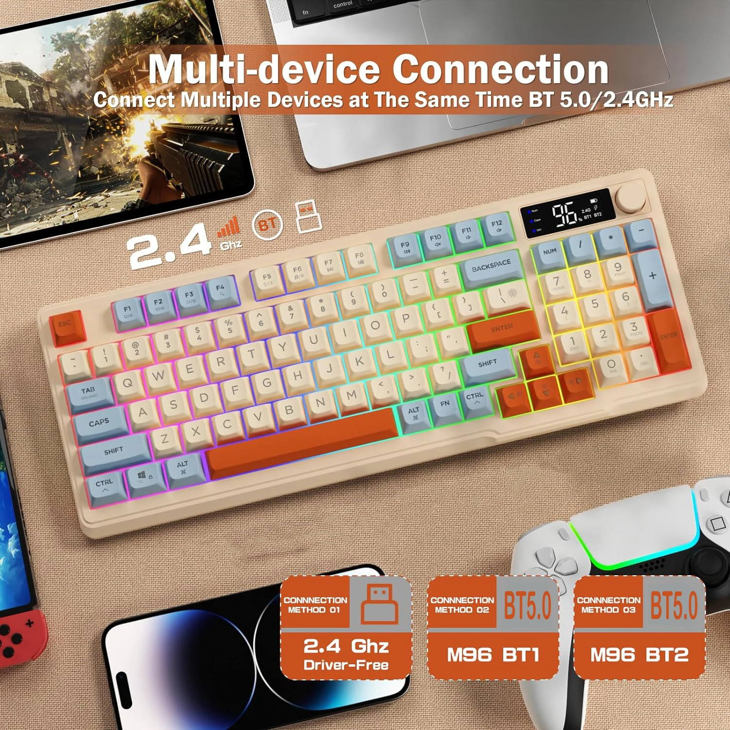 Wireless Gaming Keyboard With Display Screen & Knob, Bluetooth/2.4GHz Quiet Membrane Keyboard, 3000mAh Rechargeable_voghion.com
