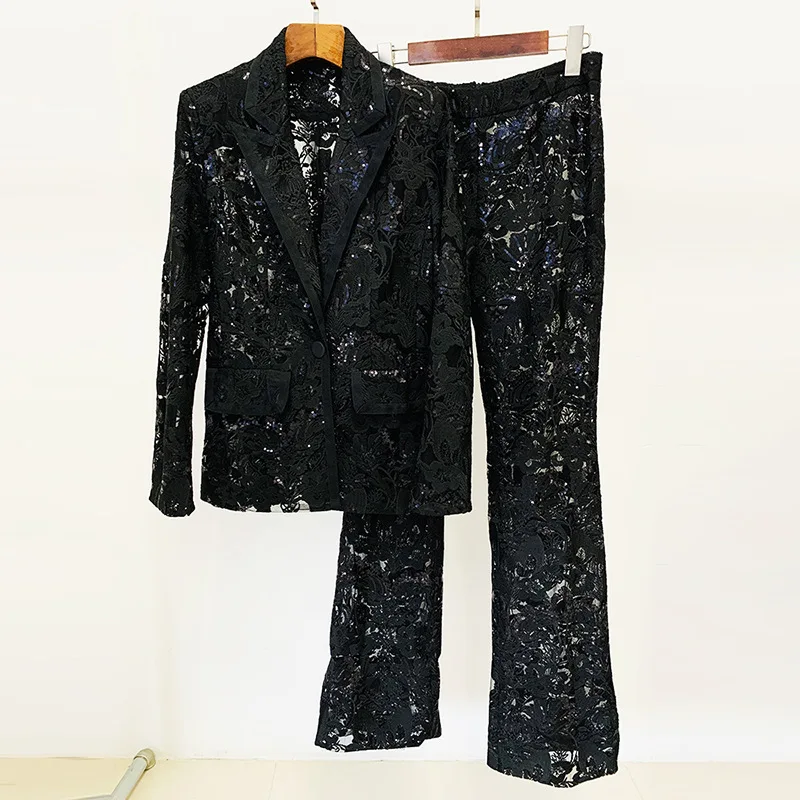 Lace Trim Embroidery Boutique Style Unquie Sewing New In Outwear Blazer Small Flare Pants 2pcs Slim Fit Suit Top Women's Outfit