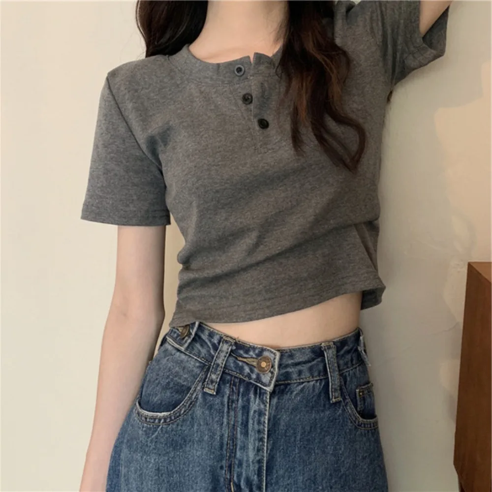 

Simple Style Short Sleeve High Quality Breathable Button Front Short Top V-neck Small Niche Women's T-Shirt