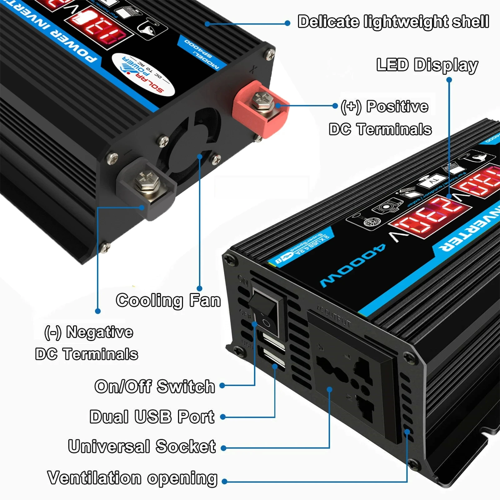 Car Power Inverter 12v to 220v 110v 4000w Volts Converter Modified Sine Wave Dual USB Charging