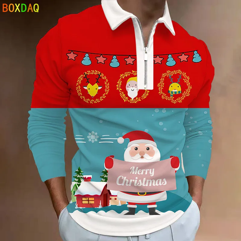 Long Sleeve Polo Shirt Men Christmas Style Tops Cute Cartoon Santa Claus Print Polo Shirt Slim Shirt Male Autumn All-match Tops