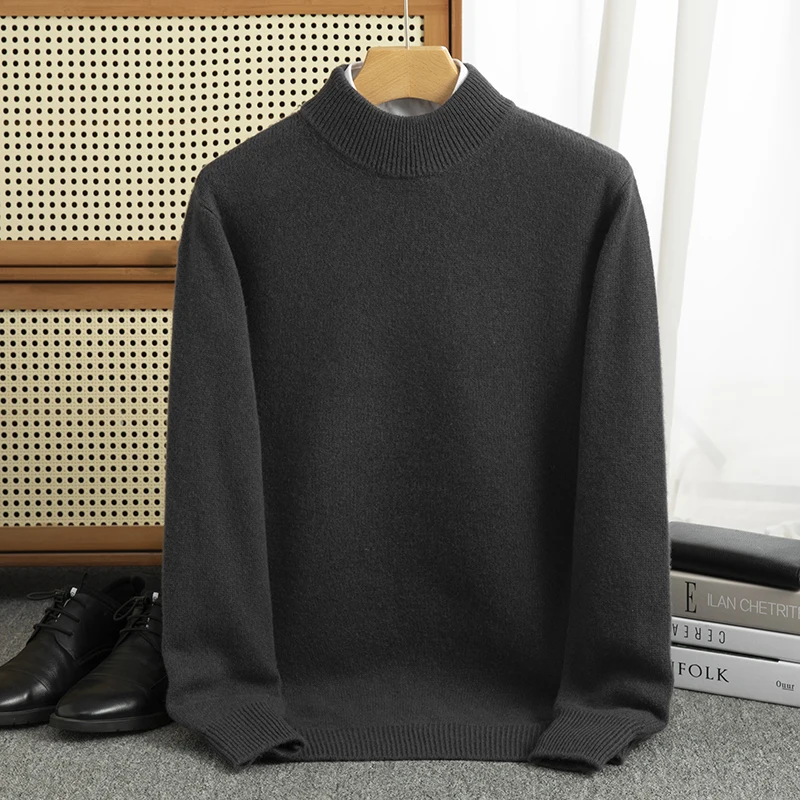 Thickened Autumn/Winter new 100% Merino wool pullover Cashmere sweater Men's half turtleneck pullover warm bottom knit shirt top 5