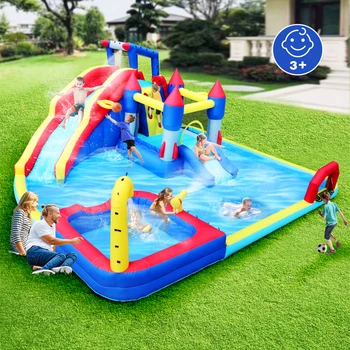 10 in1 Inflatable slide water park bouncing house garden with splash pool & water gun & basketball & climbing wall & dual pools 2