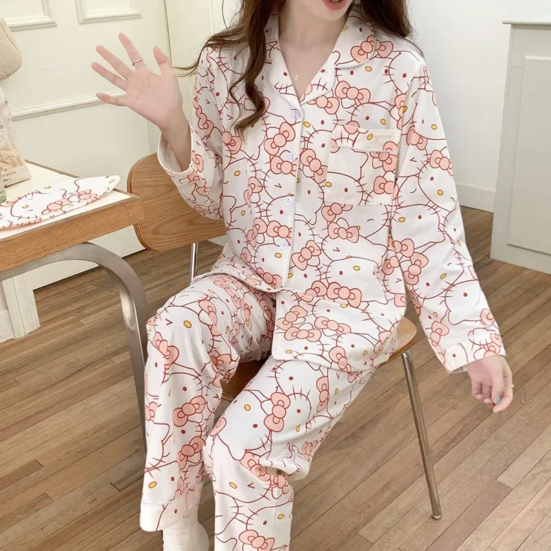 

Anime Sanrio Hello Kitty Kirby Pajamas Women Long-sleeved Spring Autumn Pure Cotton Japanese Ins Cartoon Cute Home Service Suit