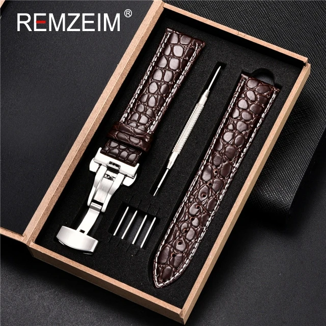 Luxury Embossed Leather Watch Strap with Butterfly Clasp