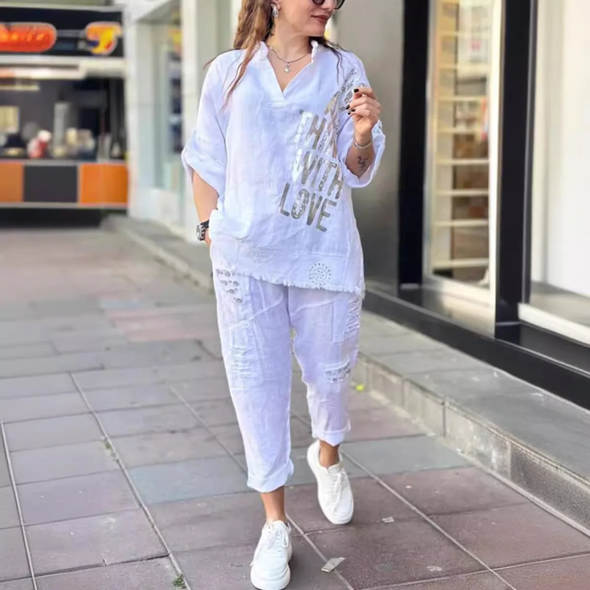 여성용 루즈 투피스 세트, 캐주얼 레터 프린트 탑 와이드 레그 팬츠, 여름 패션