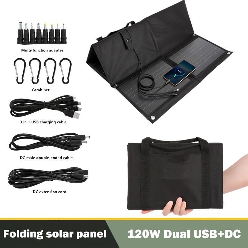 

120W Solar Panel Charger for 12V Battery Foldable Solar Plate Dual USB+DC Safe Charge Cell Solar Phone Charger for Home Camping