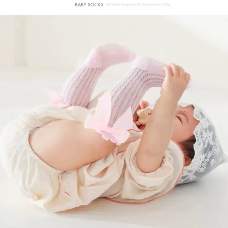 Summer Ultra-thin Mesh Socks Baby Girl Mosquito Resistant Knee Sock Cute Newborn Pink Bow Hollow Cotton baby socks kids socks cotton socks girls socks