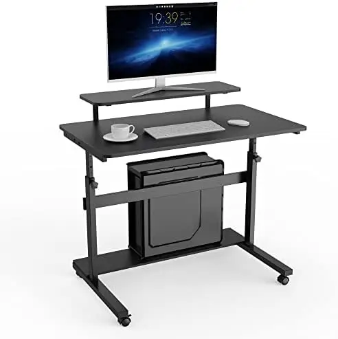 

Adjustable Stand Up Computer Desk, 41'' Mobile Standing Desk Portable Rolling Sit Stand Work Station for Home Office wit