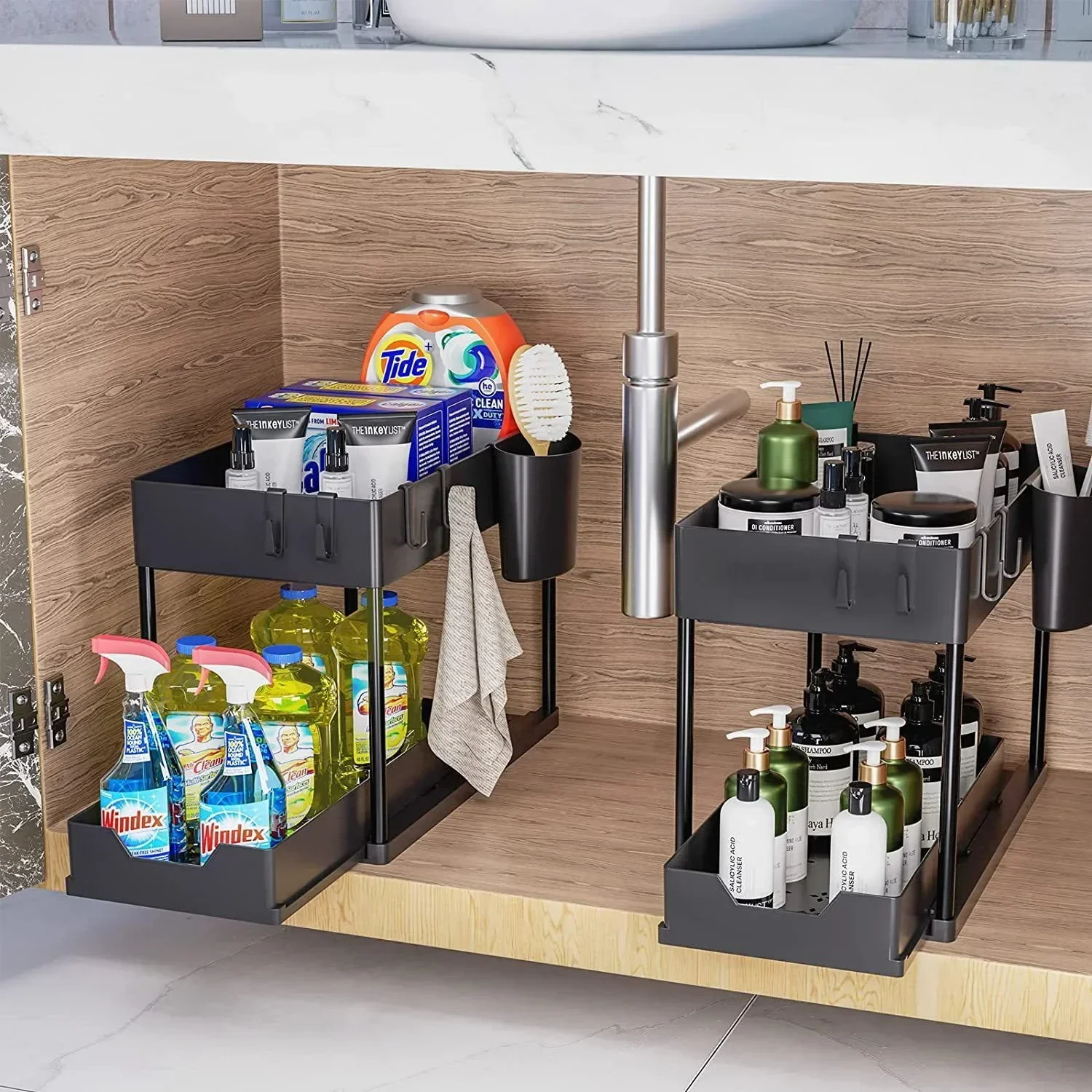 2 Tier Under Sink Organizer Sliding Cabinet Basket Organizer Storage Rack with Hooks Hanging Cup Bathroom Kitchen Organizer 5