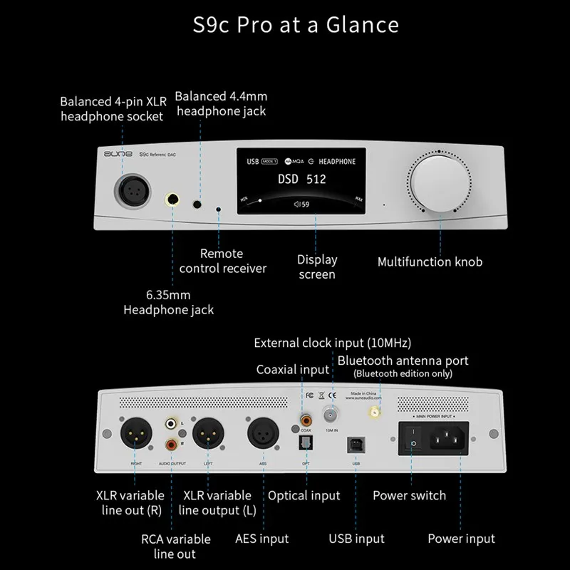 AUNE S9c Pro MQA16&times; DAC with Headphone AMP Clock Input Fully Discrete Amplifier Dual ES9068A DAC Chip Hi-Res Bluetooth USB Input