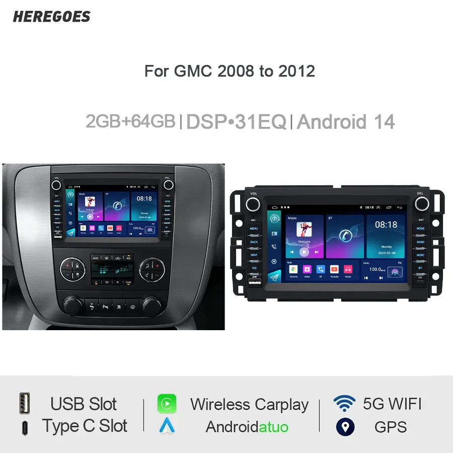 Autoradio Android da 7 pollici per GMC dal 2008 al 2012, CarPlay wireless, Android Auto, GPS, navigazione, Bluetooth, controllo al volante