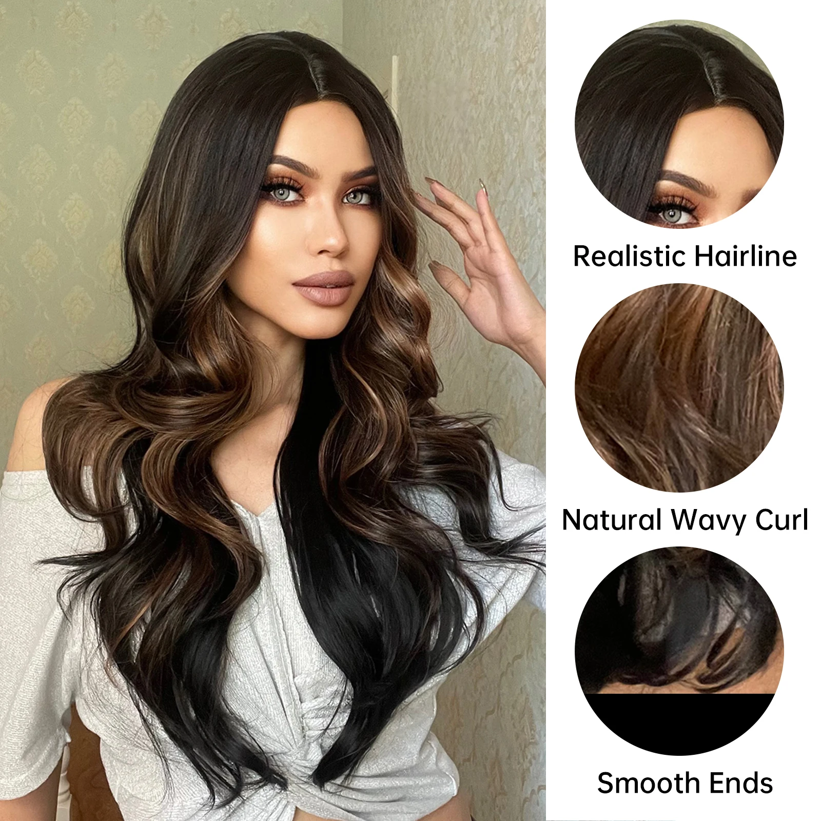 Black Brown Highlight Long Curly Synthetic Wigs for Women Middle