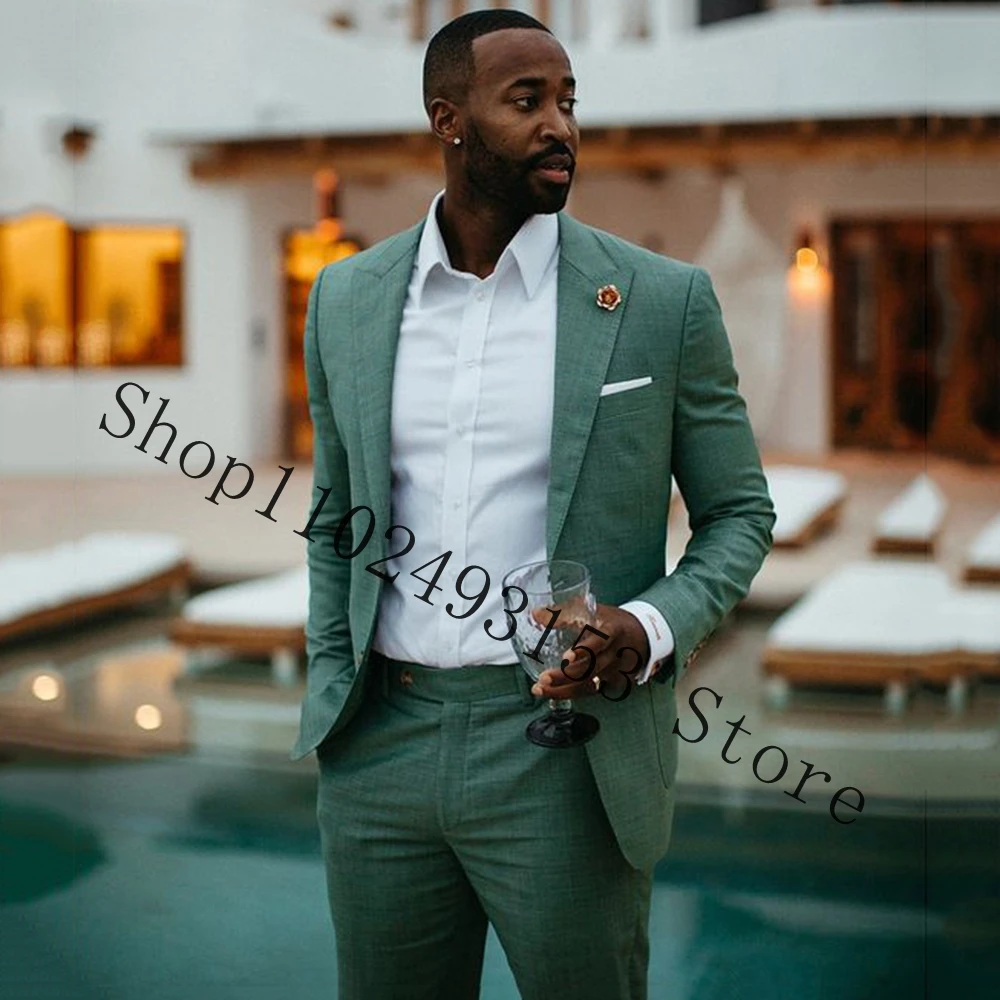 Green Male Suits For Wedding 2 Pieces Suits Blazer Pants Casual Groomsmen Bridegroom Wedding Tuxedos Groom Wear Costume Homme