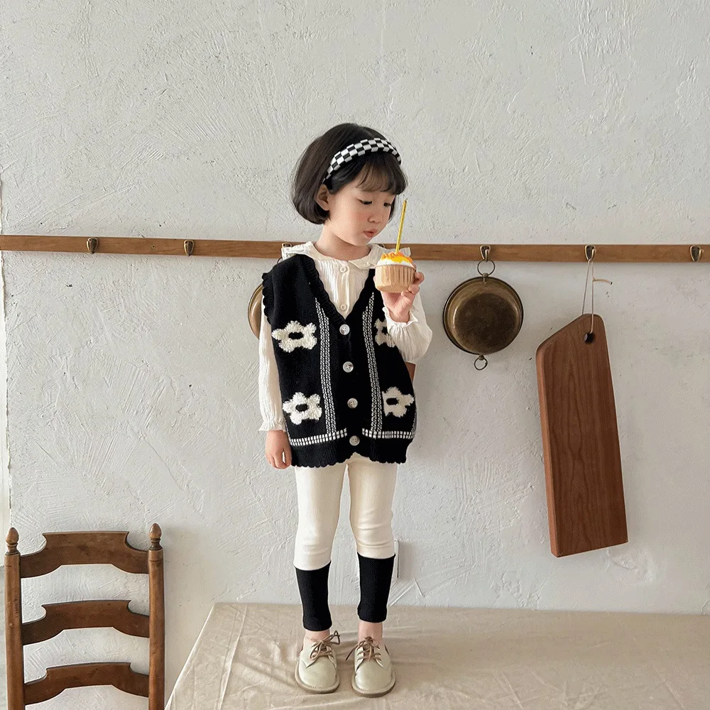 2022 Spring New Girls Knit Cardigan Vest Fashion Children Girls Flower Knitted Vest Jacket Kids Baby V-neck Sweater