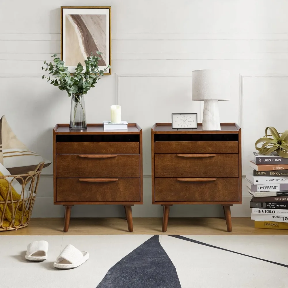 2 Drawer Nightstand with Charging Station, Mid-Century Modern Bedside Tables with Wood Legs, Wood Night Stand 4