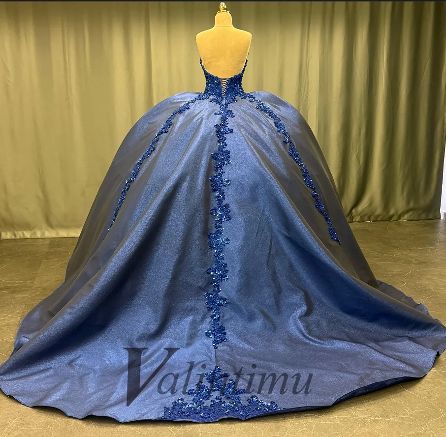 Valintimu Glamorous Strapless Quinceanera Dresses Prom Gown for Girls Satin Ball Gown Robe Princess Bleu Femme Customized