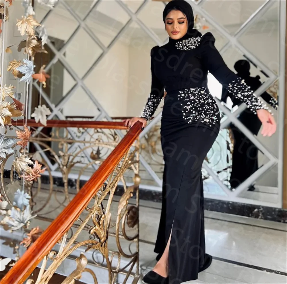 

Роскошные черные мусульманские Вечерние платья с кристаллами, женское платье русалки с высоким воротником и длинным рукавом, плиссированные атласные платья для торжества