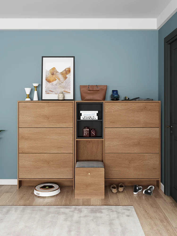 

Nordic solid wood tipping bucket ultra-thin shoe cabinet with shoe changing stool integrated multi-functional entrance cabinet